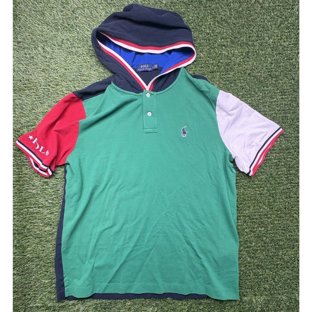 Polo Ralph Lauren Mens Large Hooded Short Sleeve Polo Shirt Colorblock Green Red